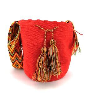💙💖Wayuu Tribe Orange Woven Drawstring‎ Shoulder Bag Tote Mochila Artisan